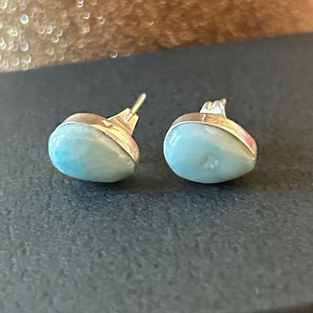 Elegant Handmade Larimar 925 Sterling Silver stud Earrings - Picture 2 of 4